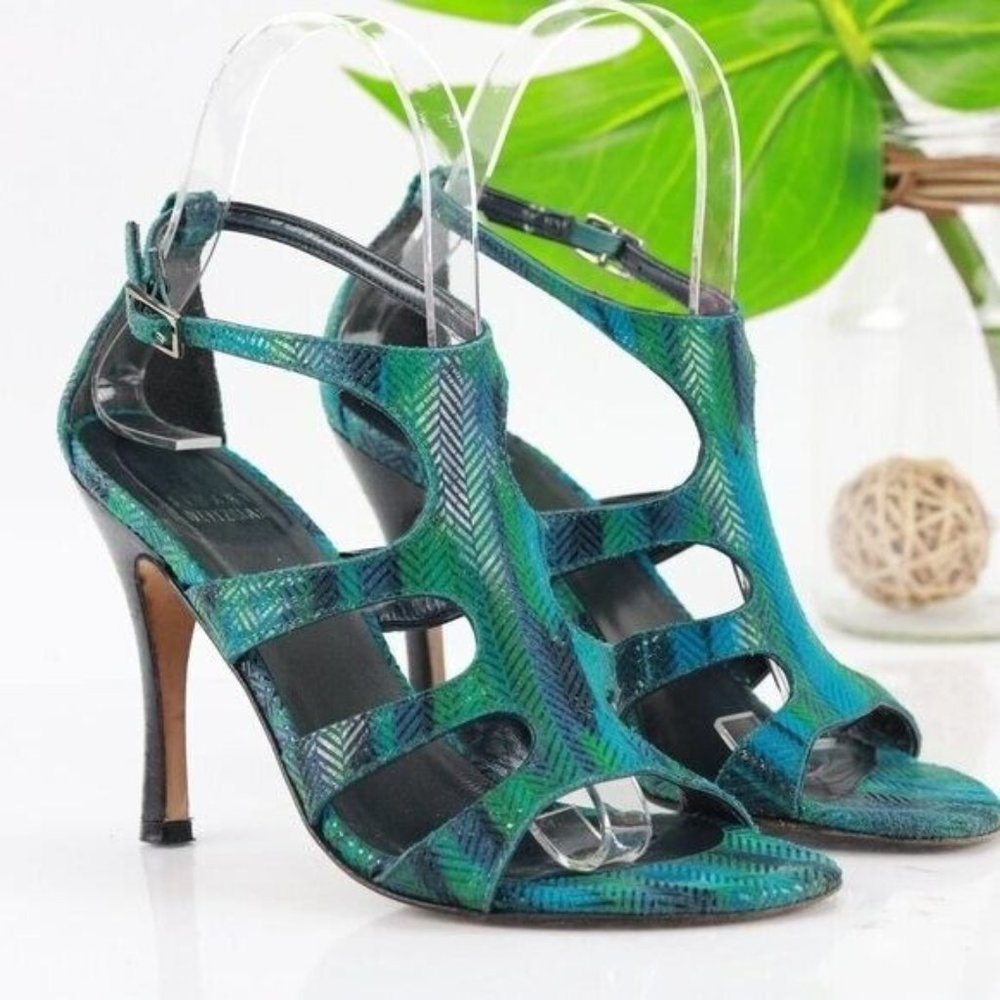 Stuart Weitzman Women's Dress Sandal Size 5.5 Stiletto Heels Blue Green Chevron